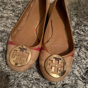 Rare Tory Burch Tan Flats with Gold Emblem and Red Detail